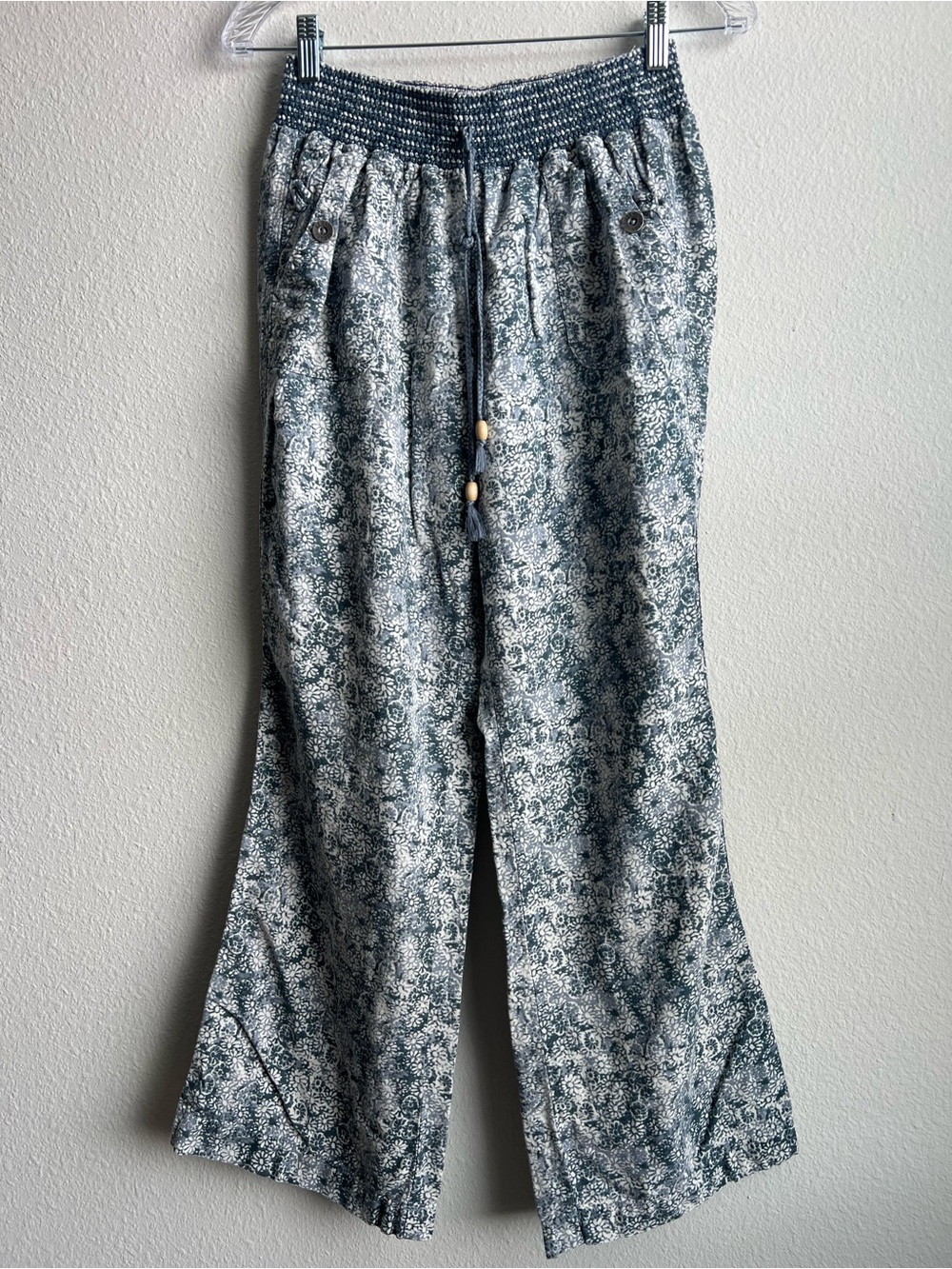 Rewash Blue and White Tie-Dye Floral Smocked Waist Pant Linen Blend